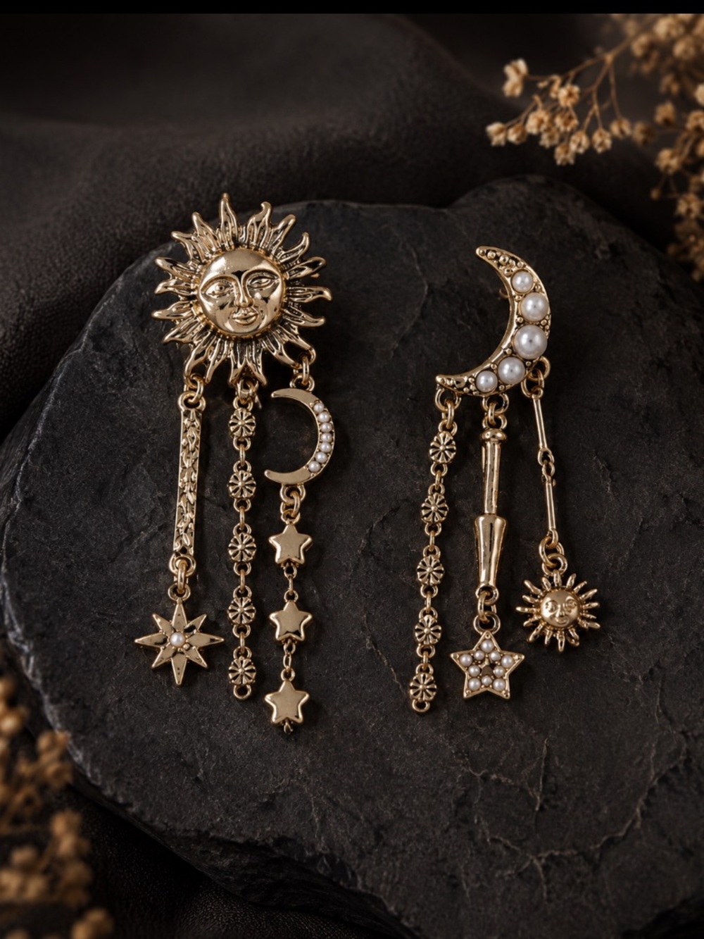 New! Unique Gold Celestial Sun & Moon Drop Earrings. Lucky Celestial Earrings